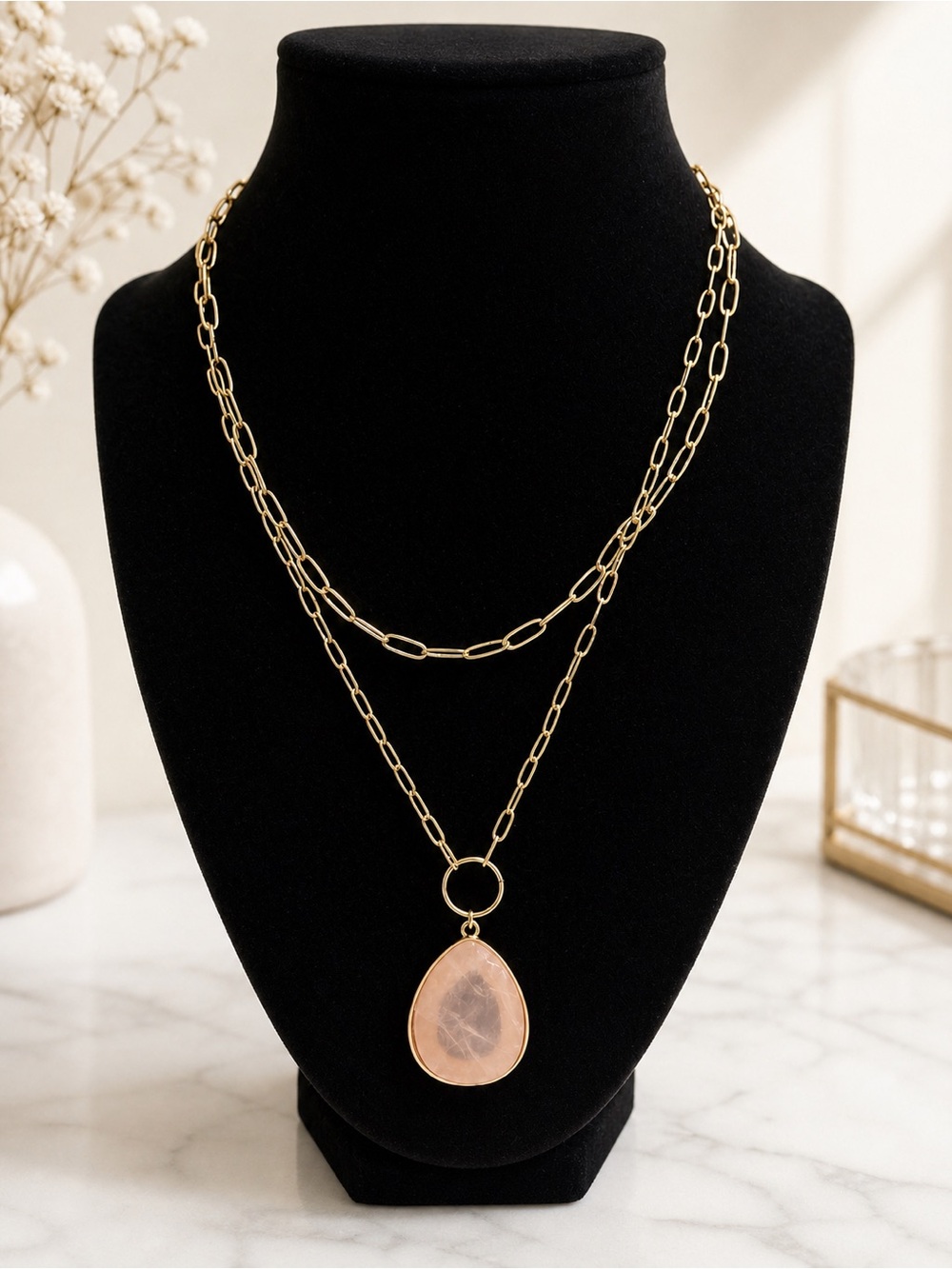 Gold Tome  Chain Necklace with Rose Quartz Pendant